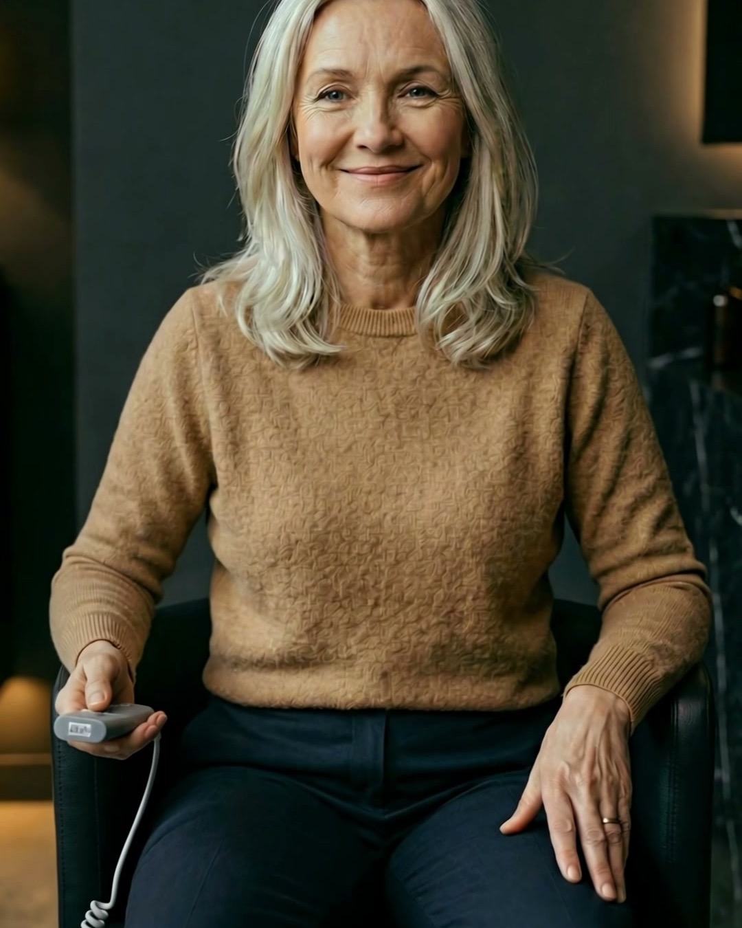 Kunde sitter avslappet i Insculpt Chair med kontrollen i hånden under en 28-minutters behandling
